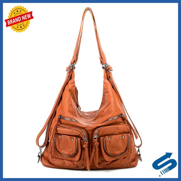Large Hobo Tote Convertible Crossbody Backpack PU Leather Multi-Purpose Bag